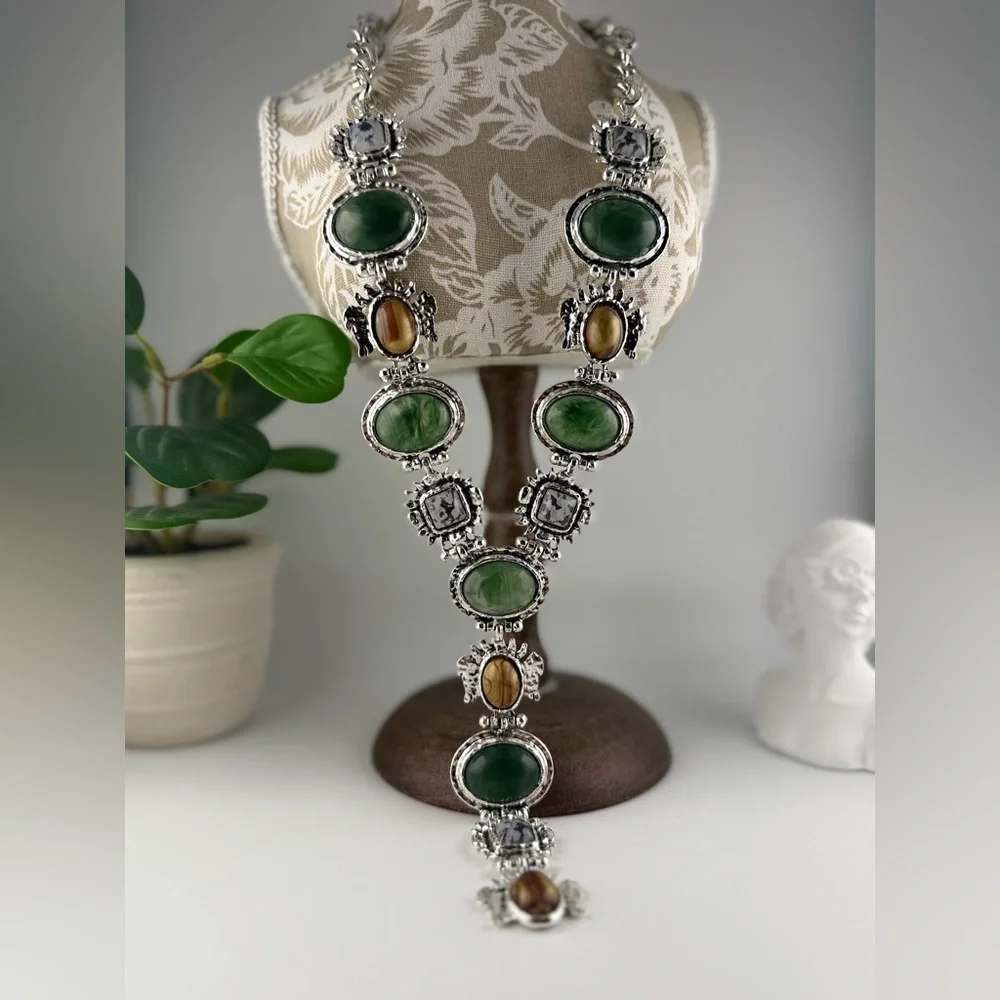 Vintage-Style Statement Necklace — Green & Amber Gem Accents - Picture 1 of 9